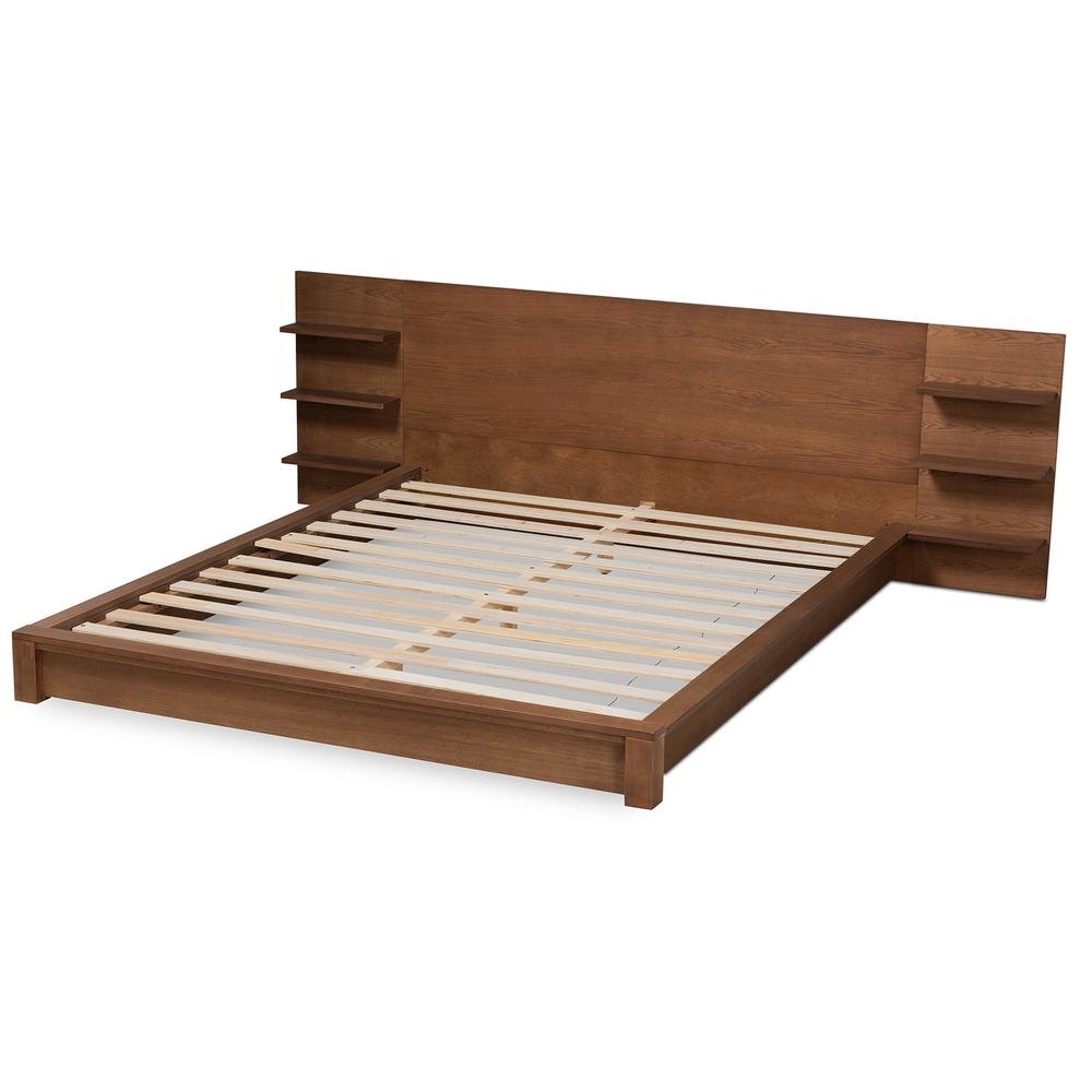 Walnut Brown Finished Wood Queen Size Platform Storage Bed with Shelves. Picture 12