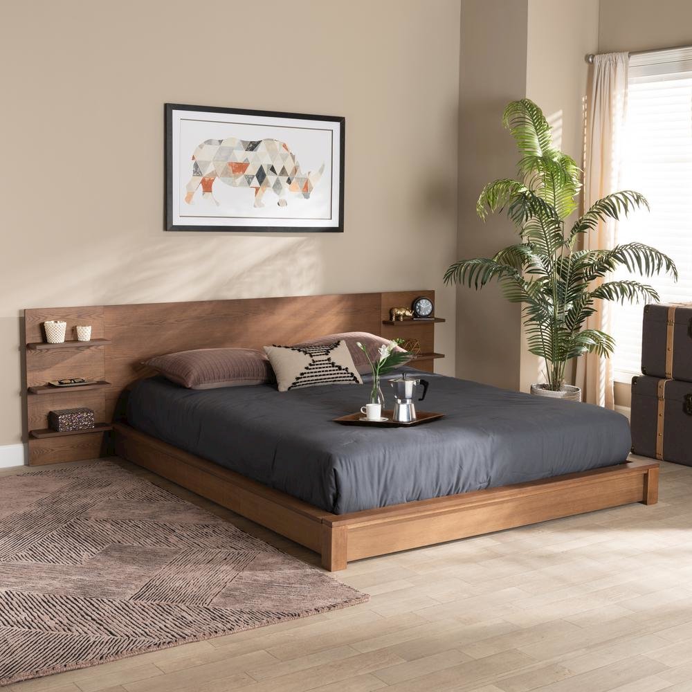 Walnut Brown Finished Wood Queen Size Platform Storage Bed with Shelves. Picture 15