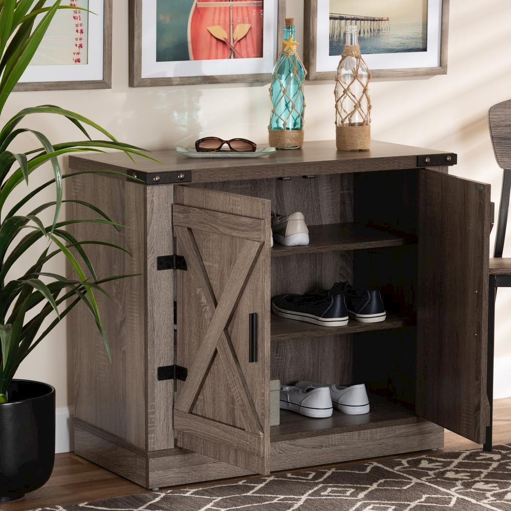 Farmhouse Oak Brown Finished Wood 2-Door Shoe Storage Cabinet. Picture 18