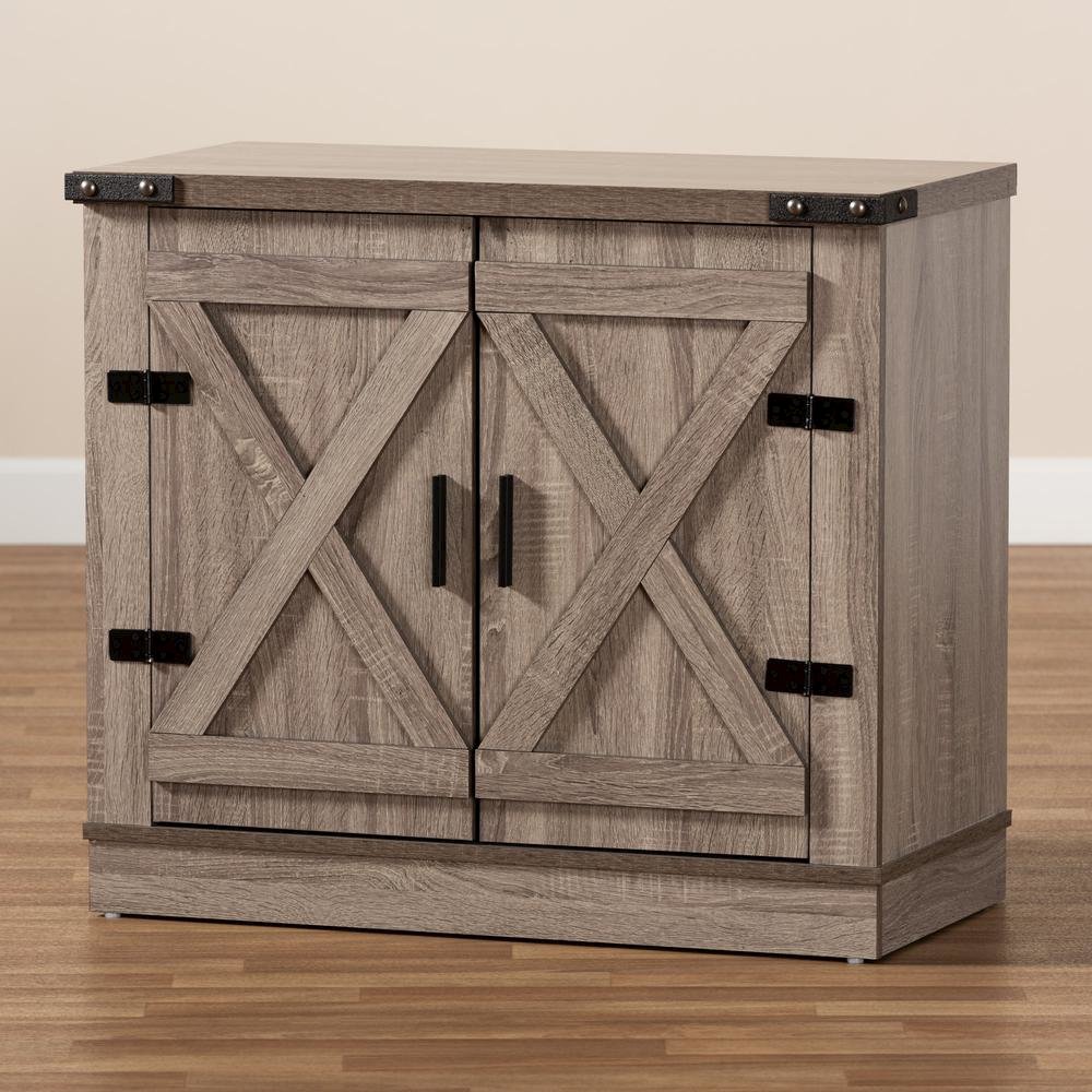 Farmhouse Oak Brown Finished Wood 2-Door Shoe Storage Cabinet. Picture 19