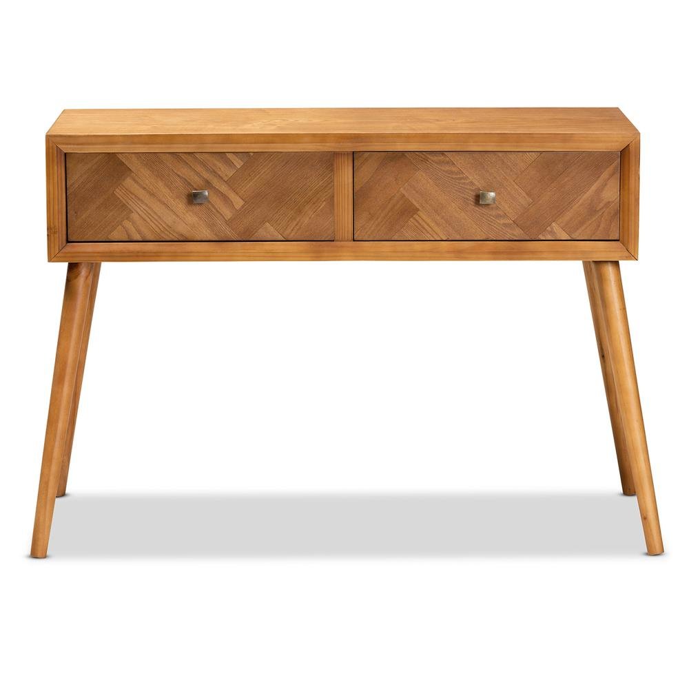 Mae Mid-Century Modern Natural Brown Finished Wood 2-Drawer Console Table. Picture 12