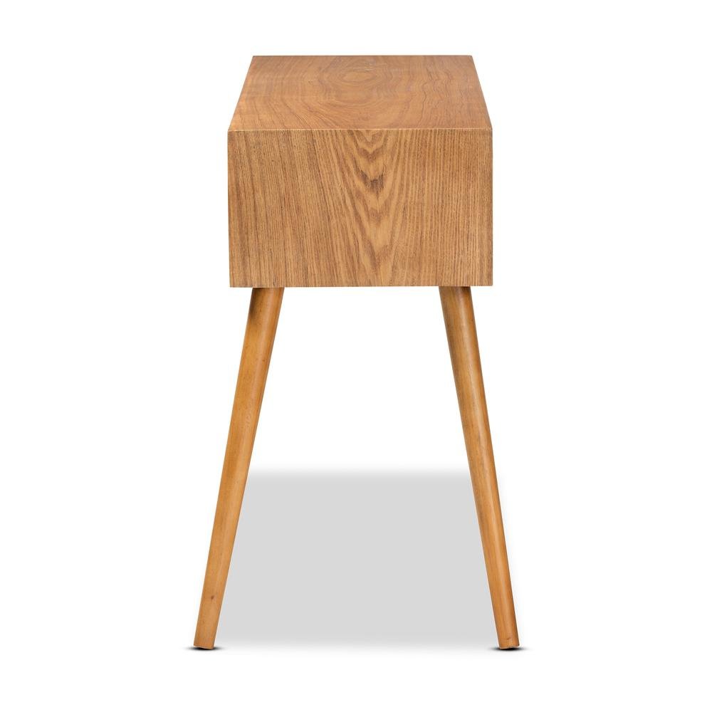 Mae Mid-Century Modern Natural Brown Finished Wood 2-Drawer Console Table. Picture 13
