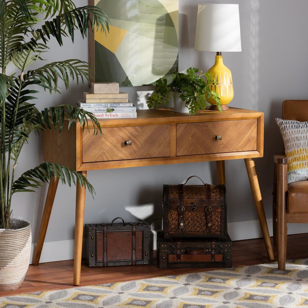 Mae Mid-Century Modern Natural Brown Finished Wood 2-Drawer Console Table. Picture 16