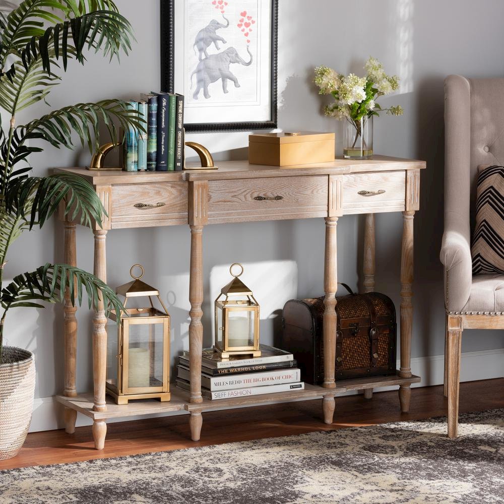 Provincial Rustic Whitewashed Oak Brown Finished Wood 3-Drawer Console Table. Picture 16