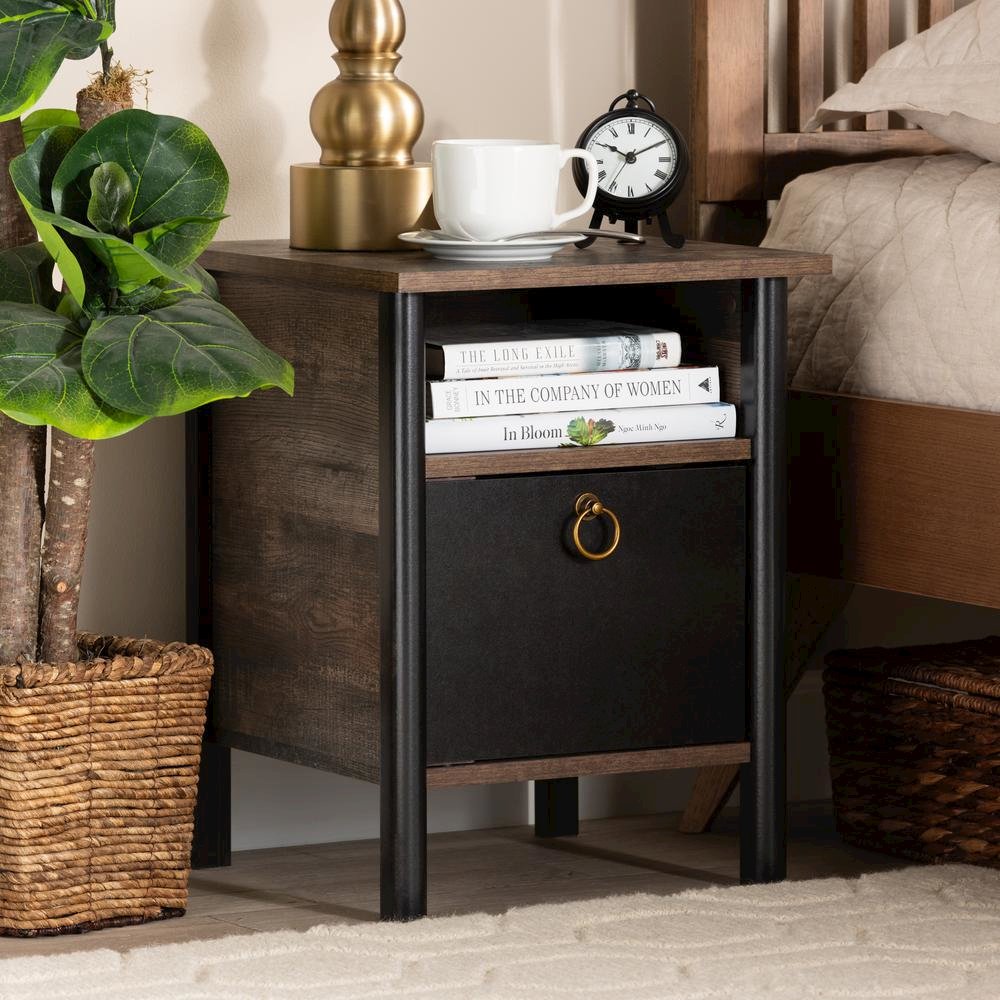 Two-Tone Rustic Brown and Black Finished Wood Nightstand. Picture 14