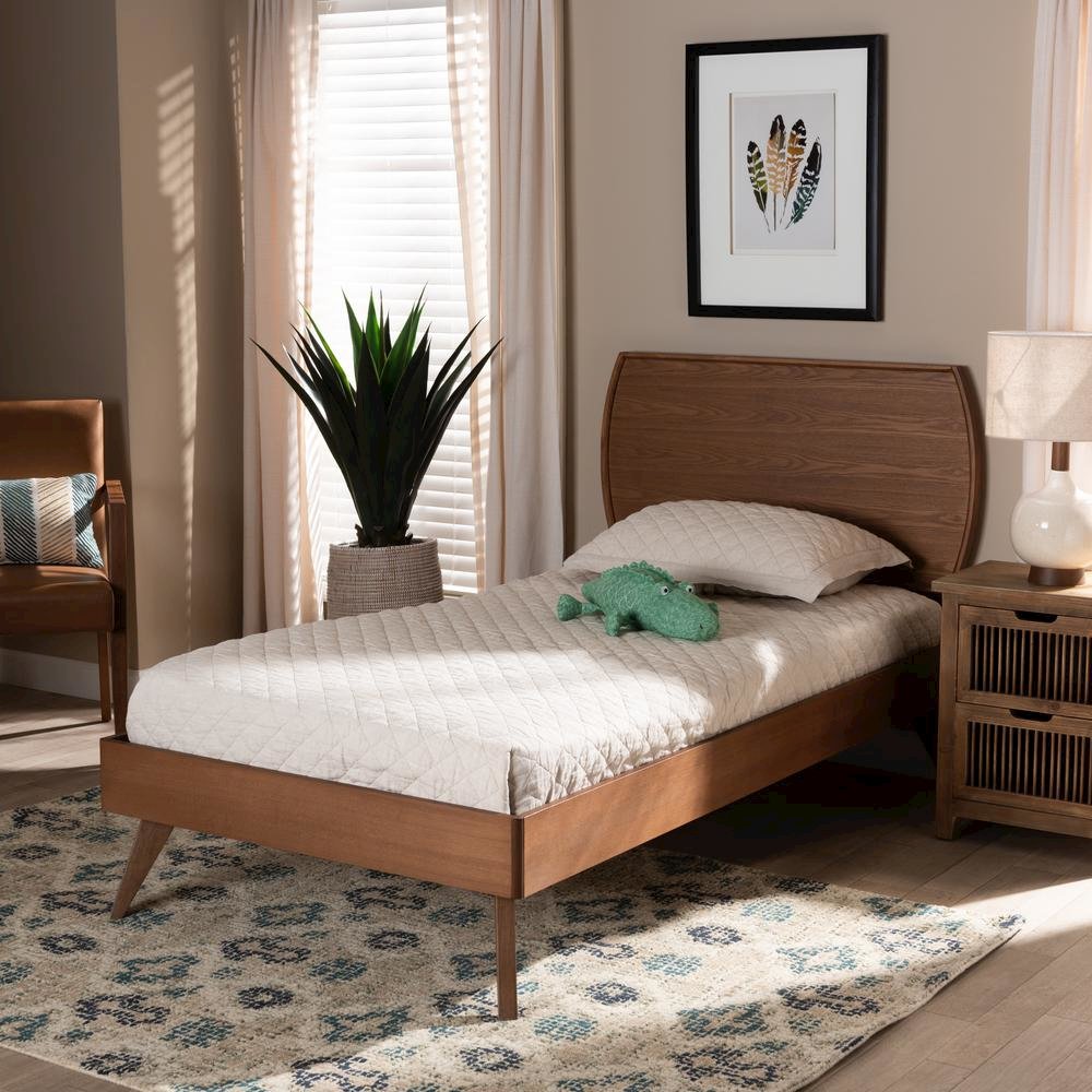 Aimi Mid-Century Modern Walnut Brown Finished Wood Twin Size Platform Bed. Picture 15