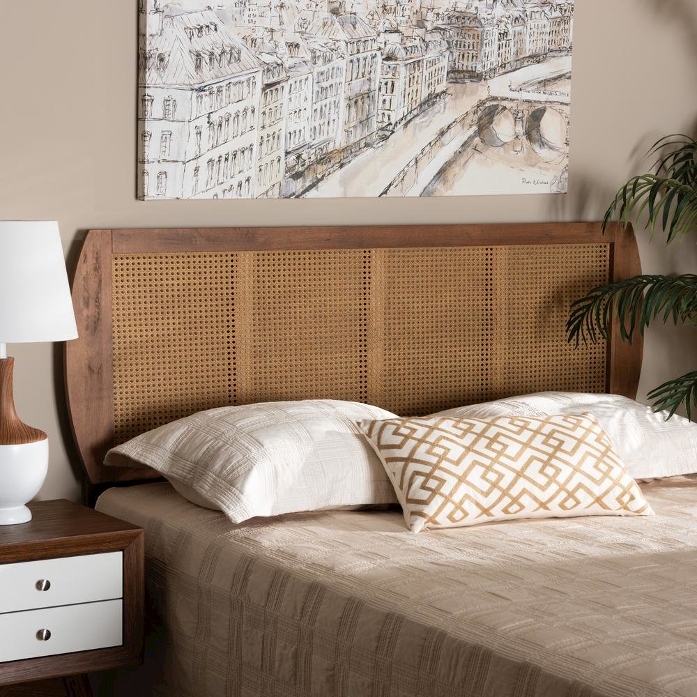 Modern Ash Walnut Finished Wood and Synthetic Rattan Full Size Headboard. Picture 11