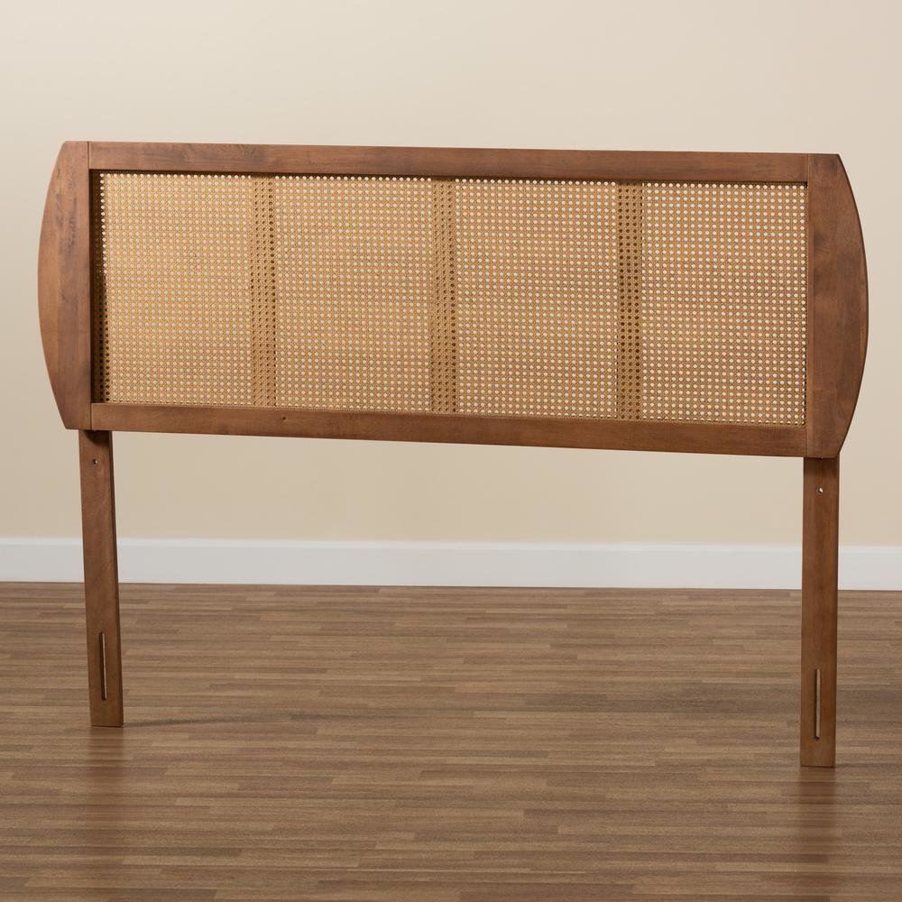 Modern Ash Walnut Finished Wood and Synthetic Rattan Full Size Headboard. Picture 12