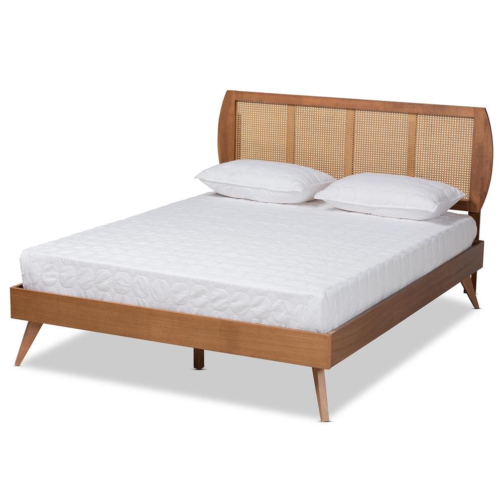 Walnut Brown Finished Wood and Synthetic Rattan Full Size Platform Bed. Picture 12