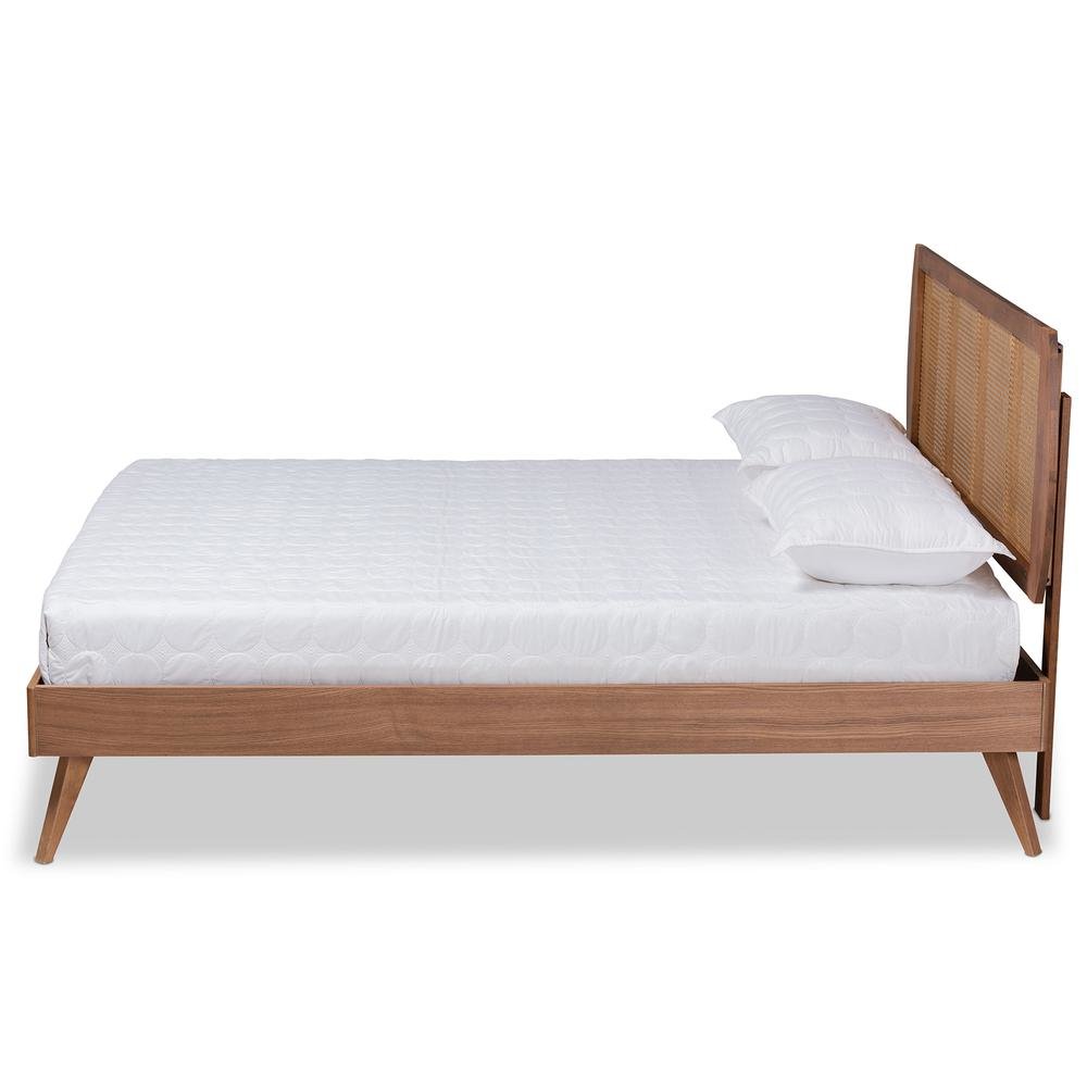 Walnut Brown Finished Wood and Synthetic Rattan Full Size Platform Bed. Picture 13