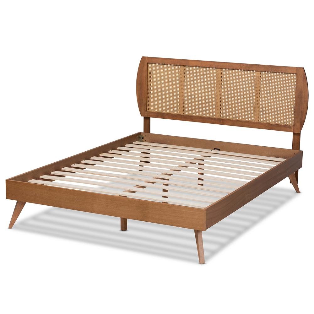 Walnut Brown Finished Wood and Synthetic Rattan Full Size Platform Bed. Picture 14