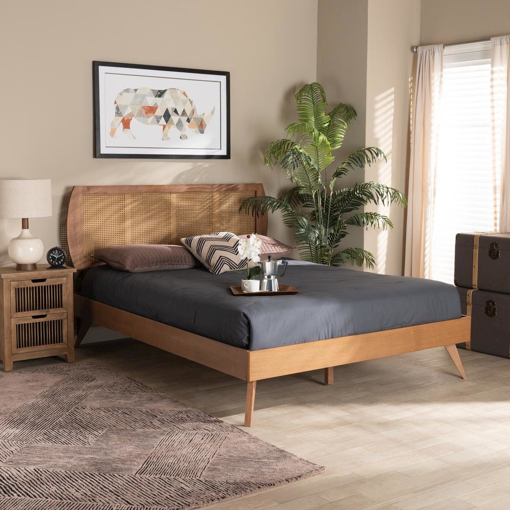 Walnut Brown Finished Wood and Synthetic Rattan Full Size Platform Bed. Picture 17