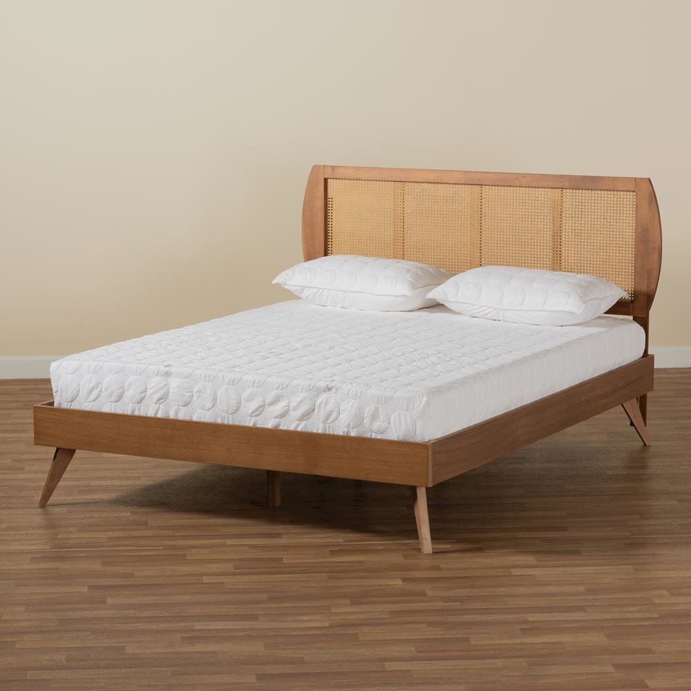 Walnut Brown Finished Wood and Synthetic Rattan Full Size Platform Bed. Picture 18
