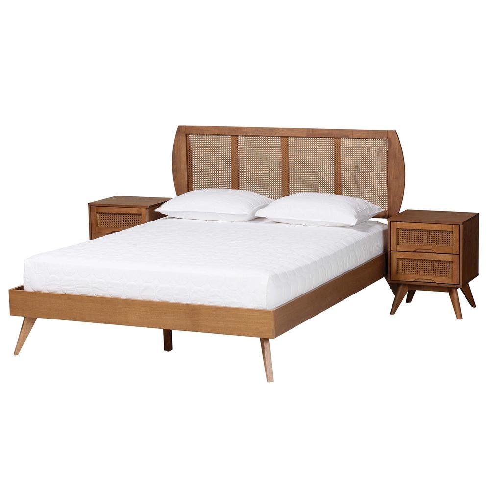 Modern Walnut Brown Finished Wood and Woven Rattan Full Size 3-Piece Bedroom Set. Picture 16