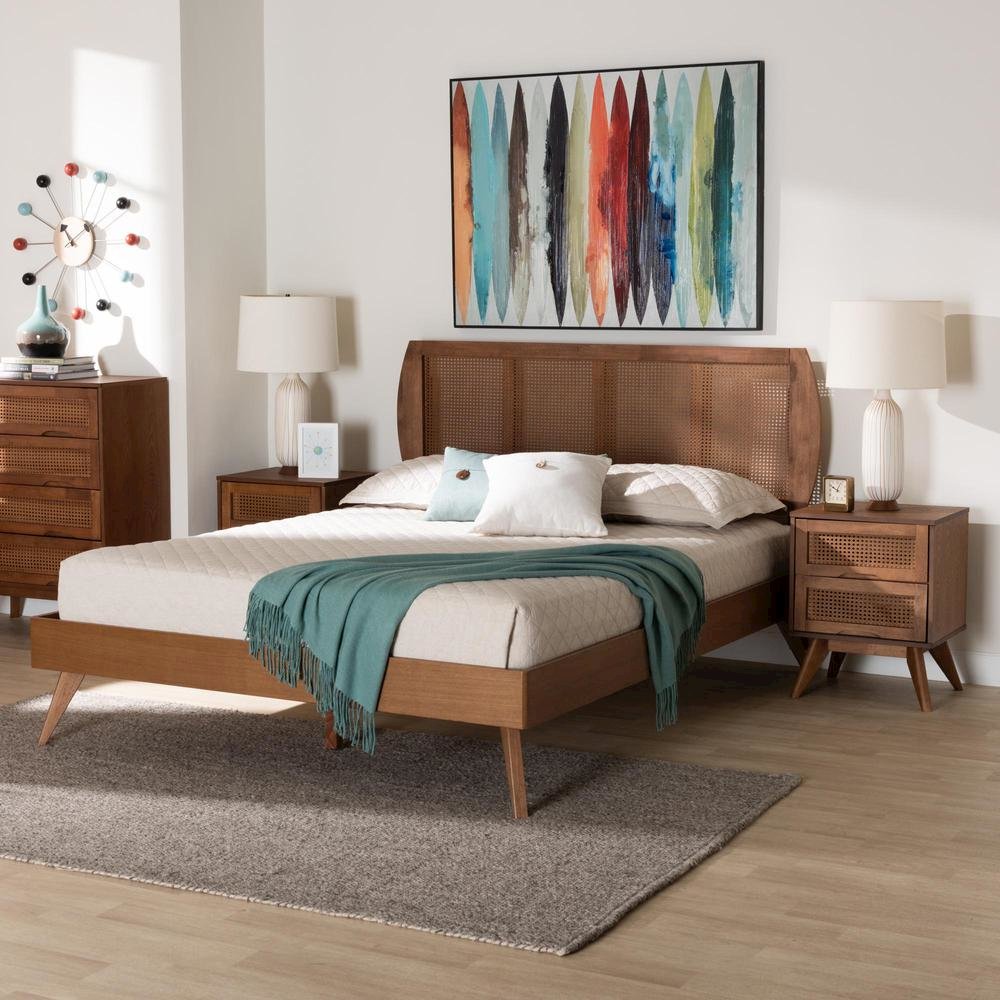 Modern Walnut Brown Finished Wood and Woven Rattan Full Size 3-Piece Bedroom Set. Picture 25