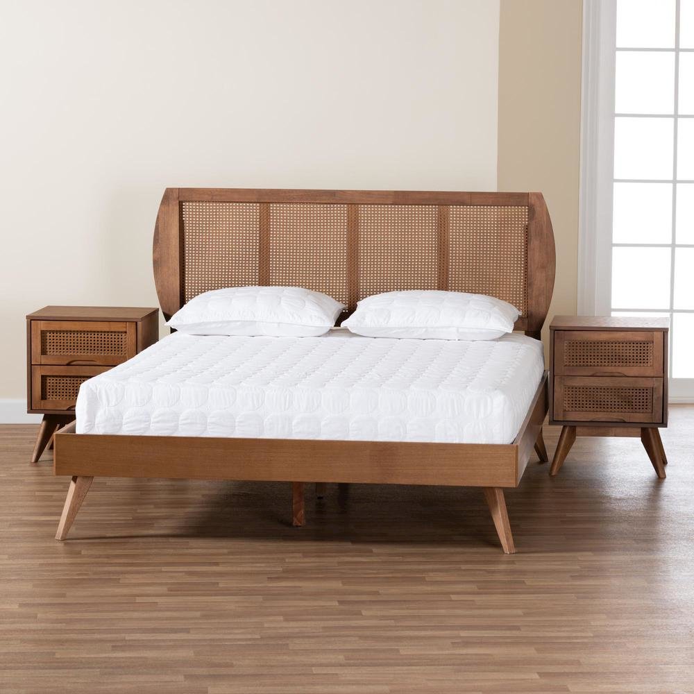 Modern Walnut Brown Finished Wood and Woven Rattan Full Size 3-Piece Bedroom Set. Picture 26