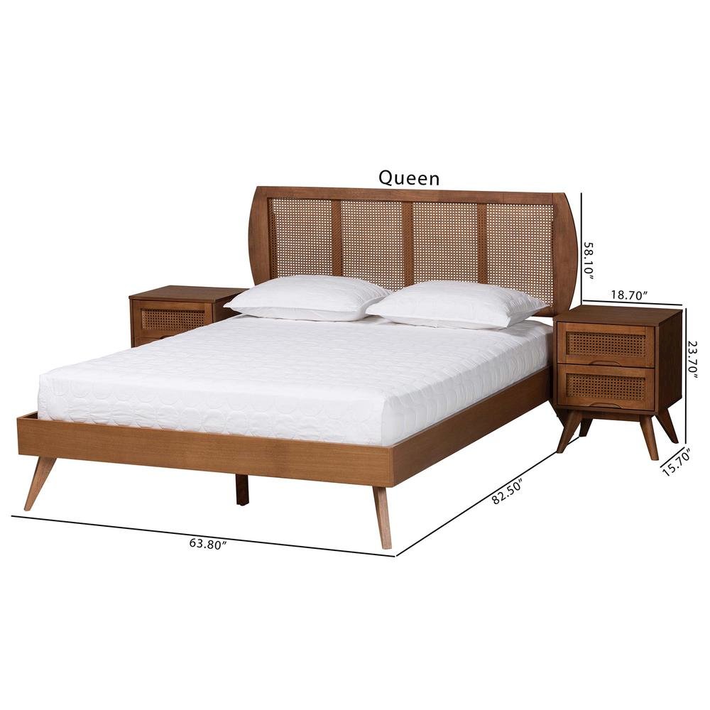 Modern Walnut Brown Finished Wood and Woven Rattan Full Size 3-Piece Bedroom Set. Picture 28