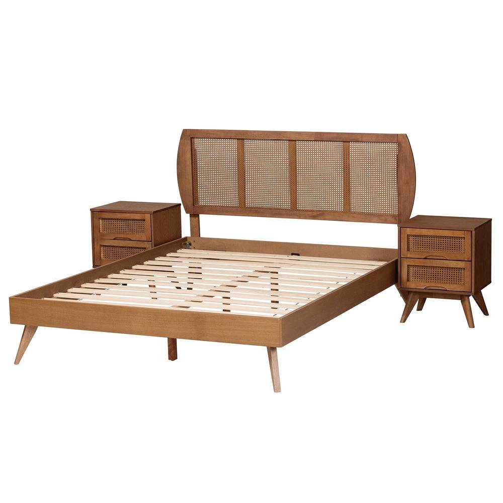Modern Walnut Brown Finished Wood and Woven Rattan Full Size 3-Piece Bedroom Set. Picture 17