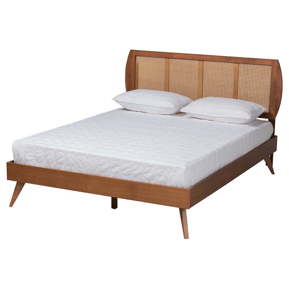 Modern Walnut Brown Finished Wood and Woven Rattan Full Size 3-Piece Bedroom Set. Picture 18