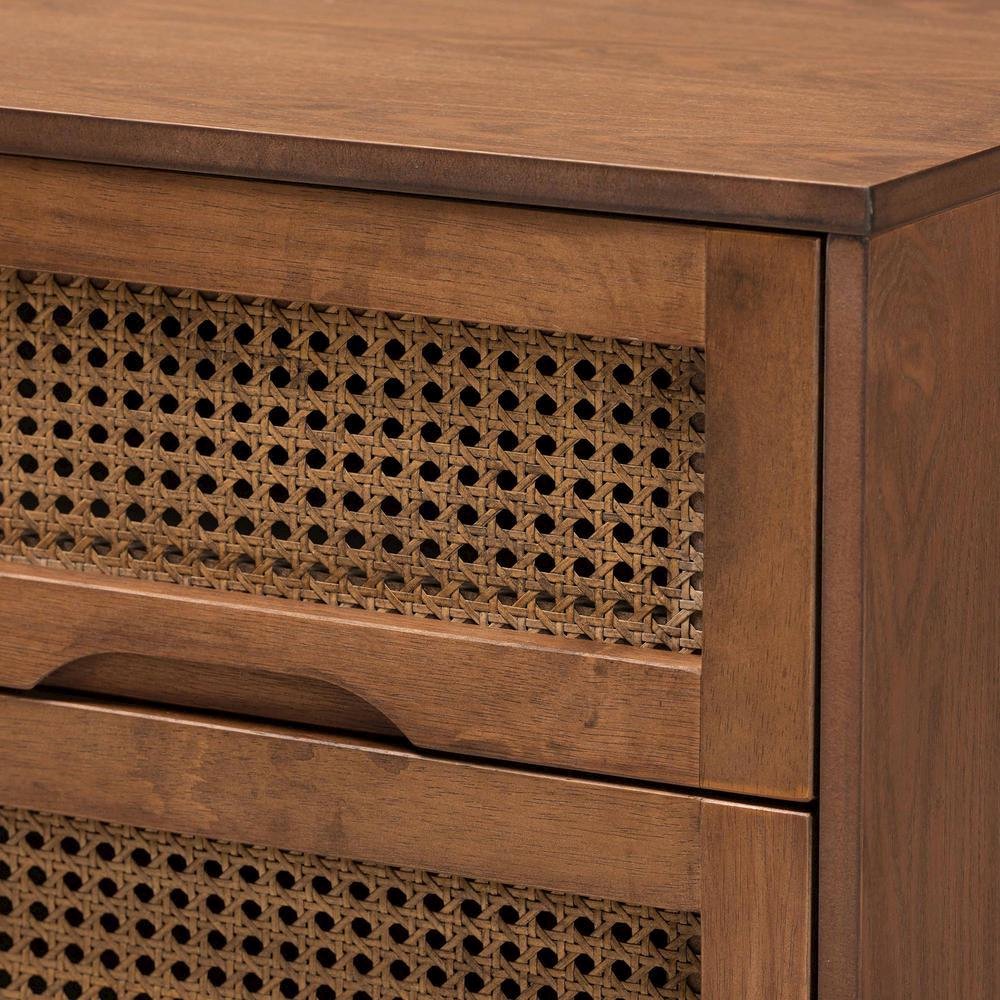 Modern Walnut Brown Finished Wood and Woven Rattan Full Size 3-Piece Bedroom Set. Picture 20