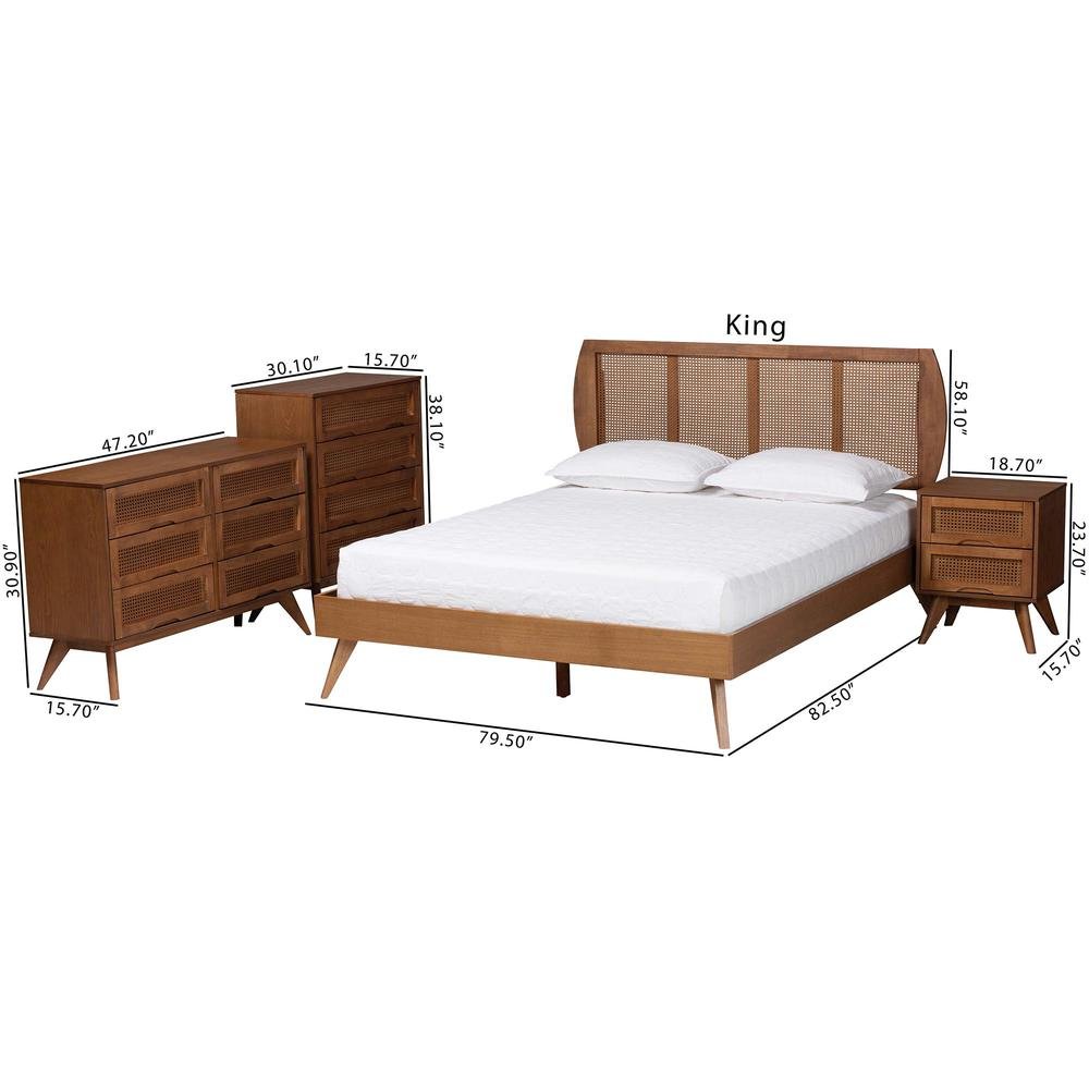 Modern Walnut Brown Finished Wood and Woven Rattan King Size 4-Piece Bedroom Set. Picture 29