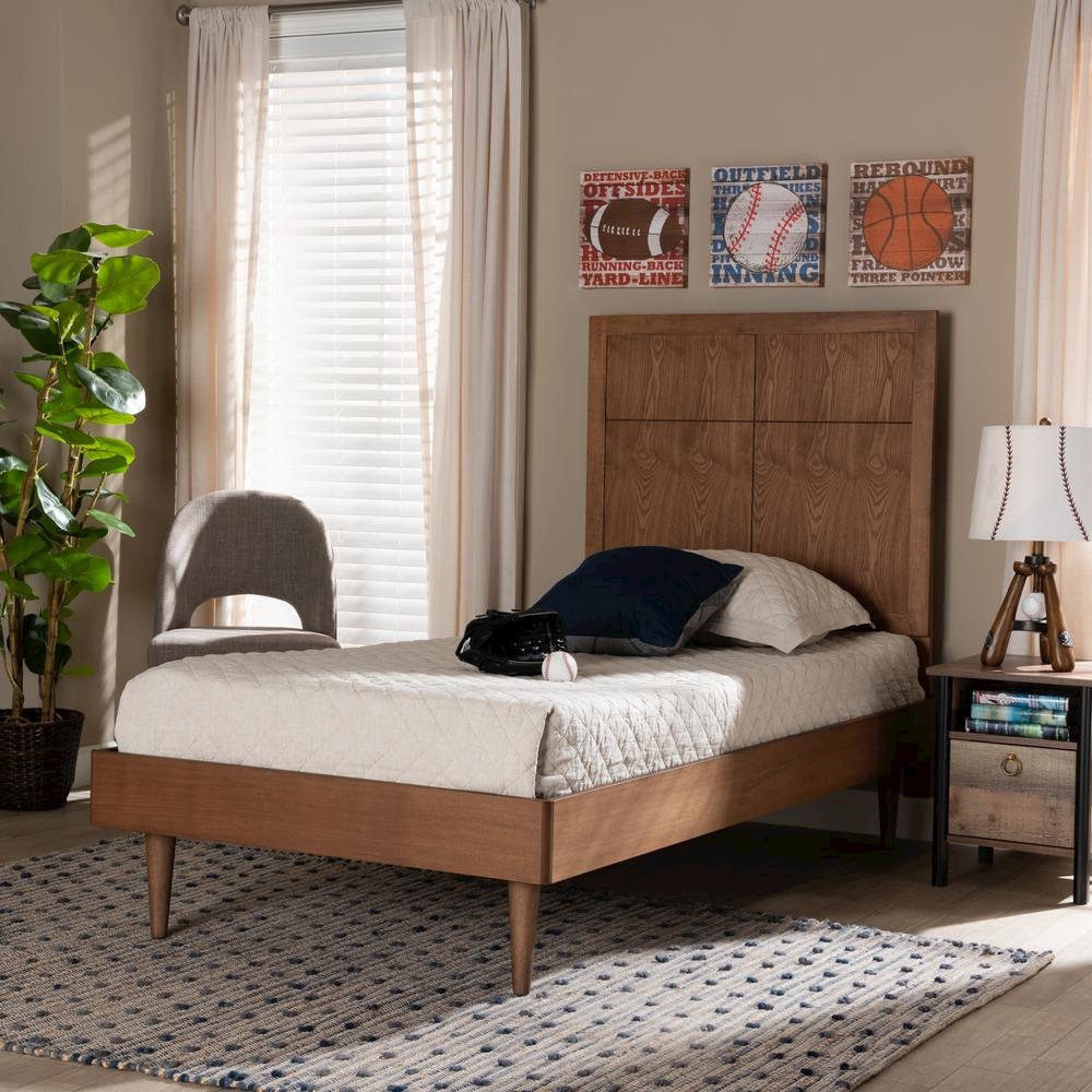 Rin Mid-Century Modern Walnut Brown Finished Wood Twin Size Platform Bed. Picture 15