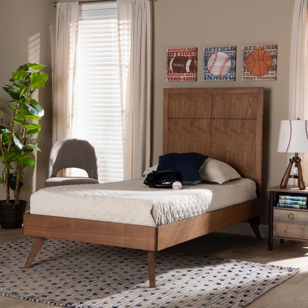 Noela Mid-Century Modern Walnut Brown Finished Wood Twin Size Platform Bed. Picture 15
