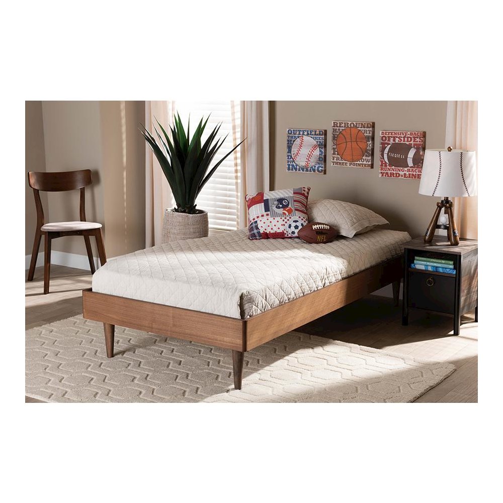 Rina Mid-Century Modern Ash Walnut Finished Wood Twin Size Platform Bed Frame. Picture 12