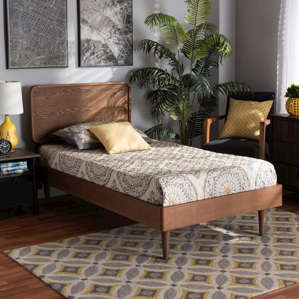 Transitional Walnut Brown Finished Wood Twin Size Platform Bed. Picture 15