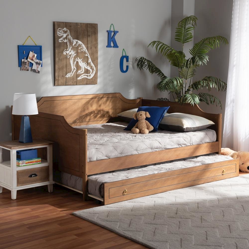 Farmhouse Walnut Brown Finished Wood Full Size Daybed with Roll-Out Trundle Bed. Picture 22