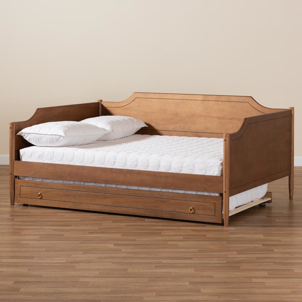 Farmhouse Walnut Brown Finished Wood Full Size Daybed with Roll-Out Trundle Bed. Picture 23