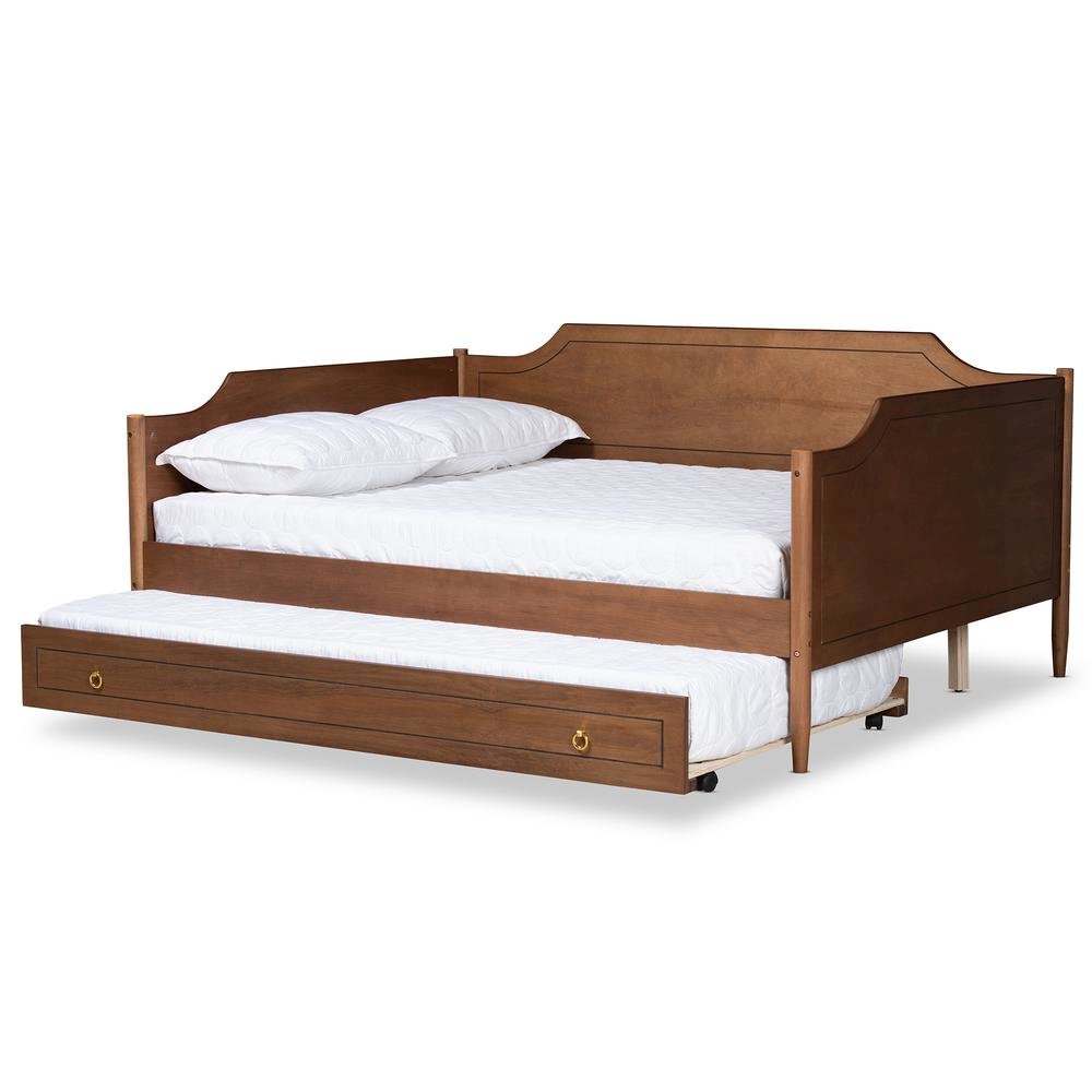 Farmhouse Walnut Brown Finished Wood Full Size Daybed with Roll-Out Trundle Bed. Picture 14