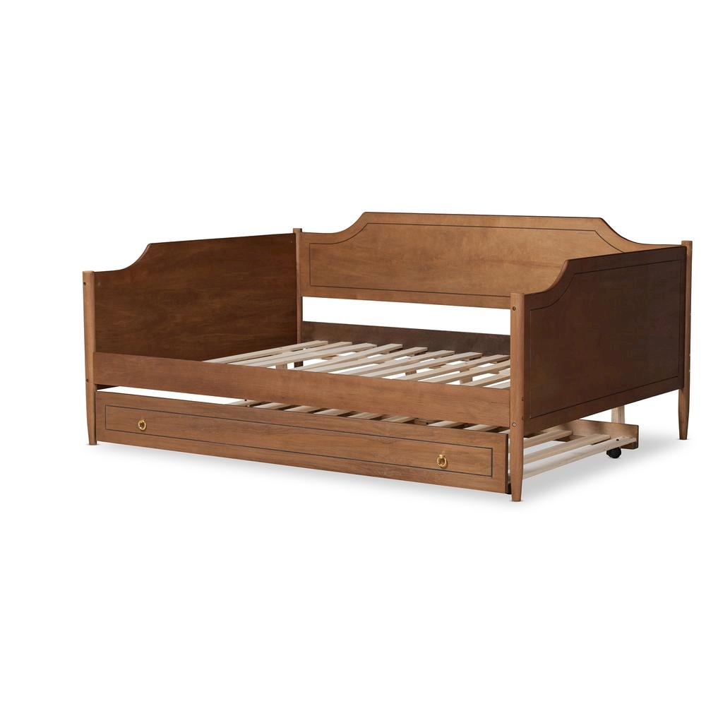 Farmhouse Walnut Brown Finished Wood Full Size Daybed with Roll-Out Trundle Bed. Picture 16