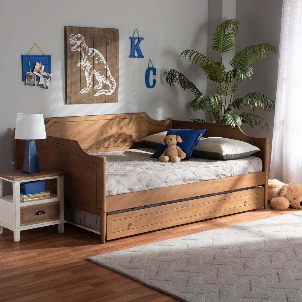 Farmhouse Walnut Brown Finished Wood Full Size Daybed with Roll-Out Trundle Bed. Picture 21