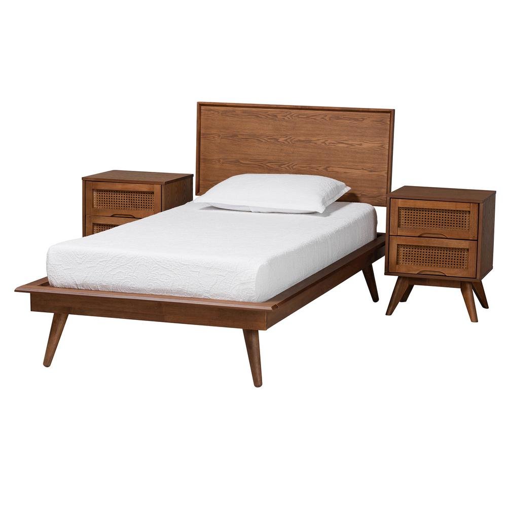 Walnut Brown Finished Wood and Rattan Twin Size 3-Piece Bedroom Set. Picture 13