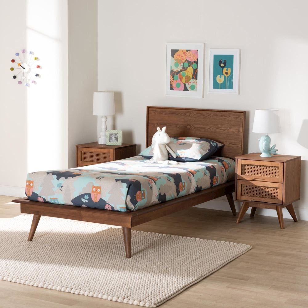Walnut Brown Finished Wood and Rattan Twin Size 3-Piece Bedroom Set. Picture 22