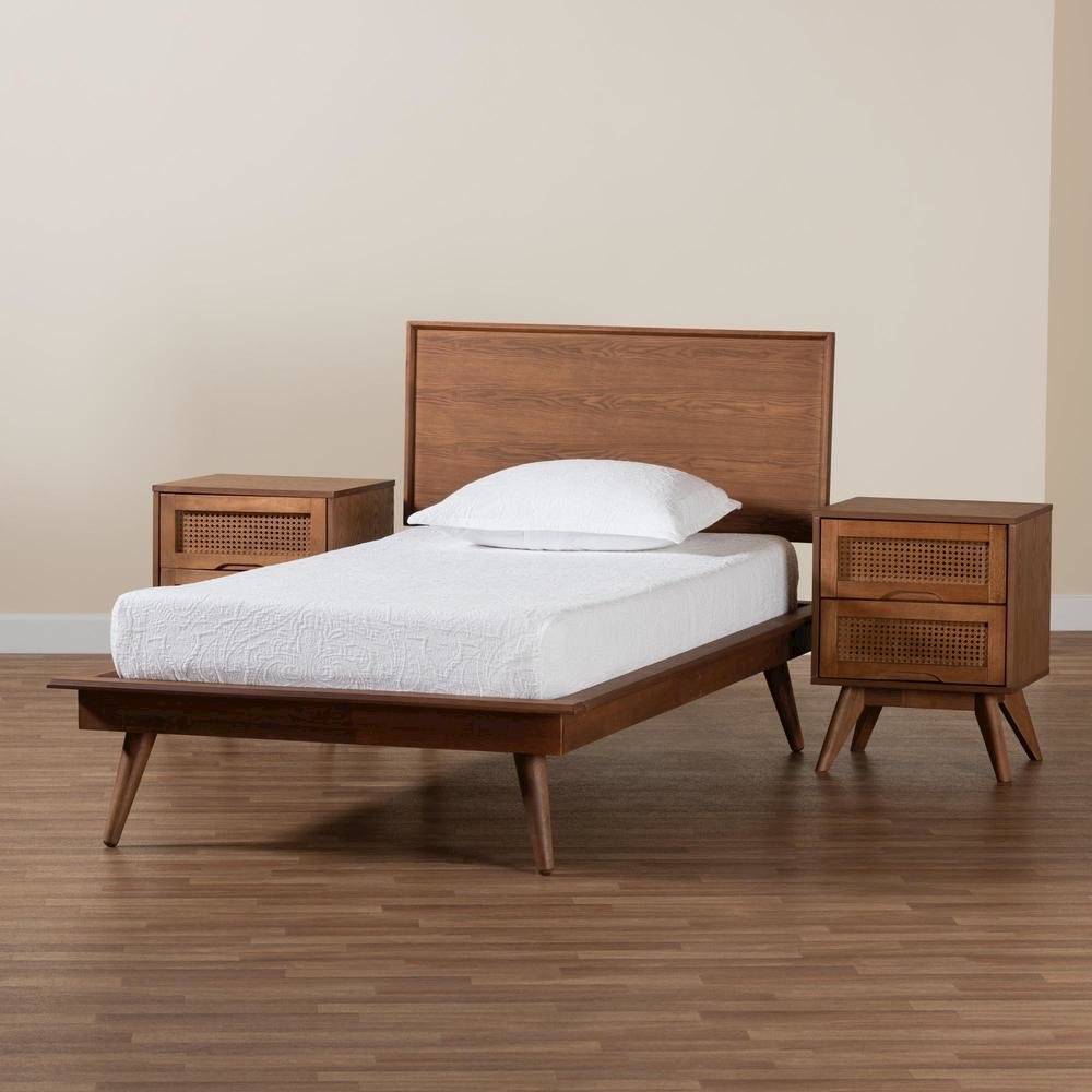 Walnut Brown Finished Wood and Rattan Twin Size 3-Piece Bedroom Set. Picture 23