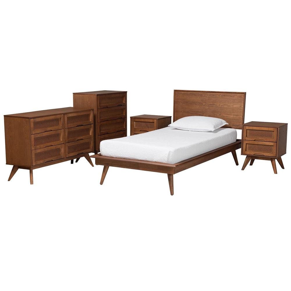 Walnut Brown Finished Wood and Rattan Twin Size 5-Piece Bedroom Set. Picture 15
