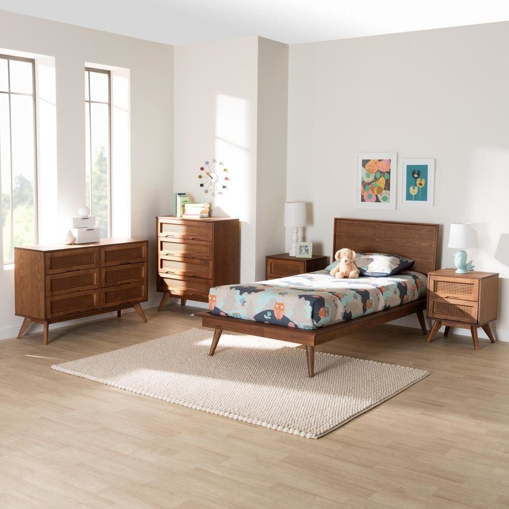 Walnut Brown Finished Wood and Rattan Twin Size 5-Piece Bedroom Set. Picture 26