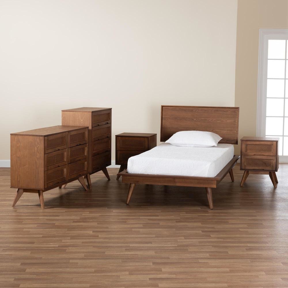 Walnut Brown Finished Wood and Rattan Twin Size 5-Piece Bedroom Set. Picture 27