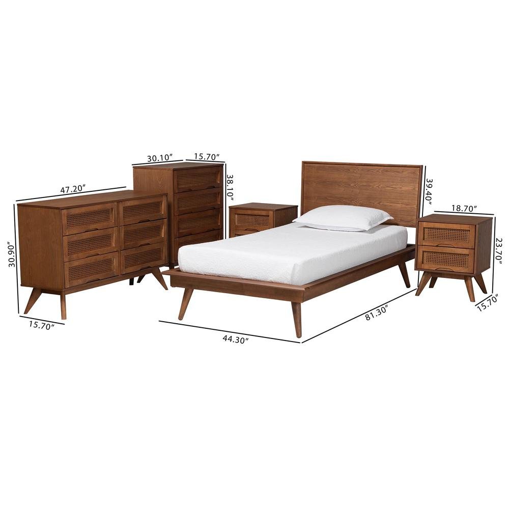 Walnut Brown Finished Wood and Rattan Twin Size 5-Piece Bedroom Set. Picture 28