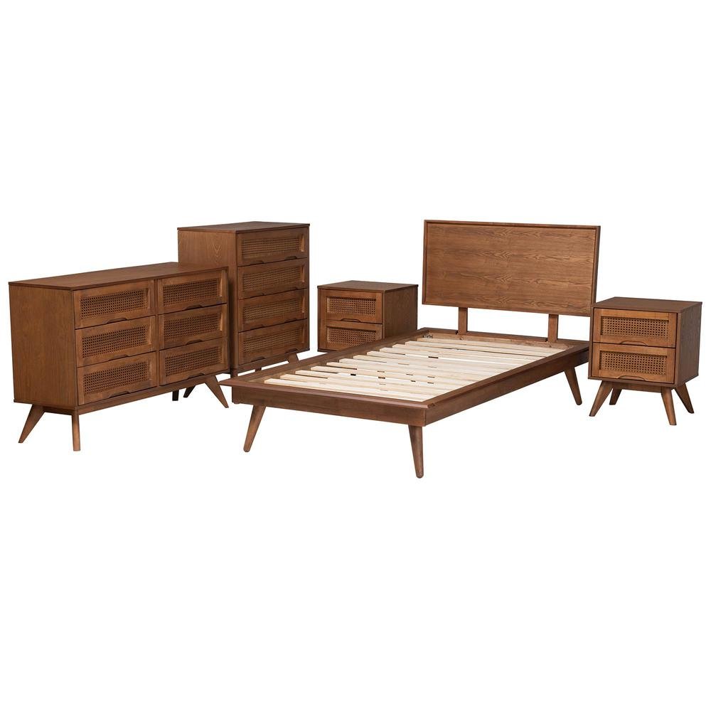 Walnut Brown Finished Wood and Rattan Twin Size 5-Piece Bedroom Set. Picture 16
