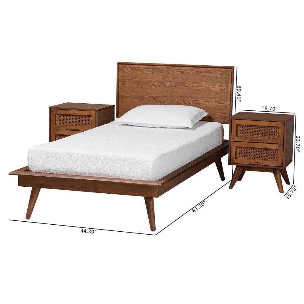 Walnut Brown Finished Wood and Rattan Twin Size 3-Piece Bedroom Set. Picture 24