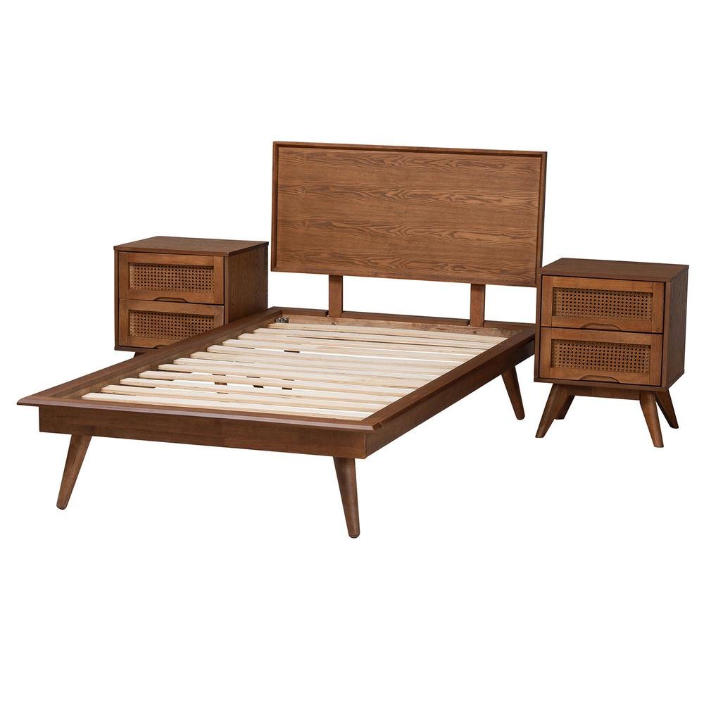 Walnut Brown Finished Wood and Rattan Twin Size 3-Piece Bedroom Set. Picture 14