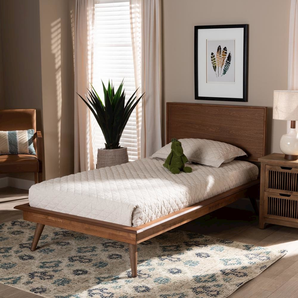 Karine Mid-Century Modern Walnut Brown Finished Wood Twin Size Platform Bed. Picture 15