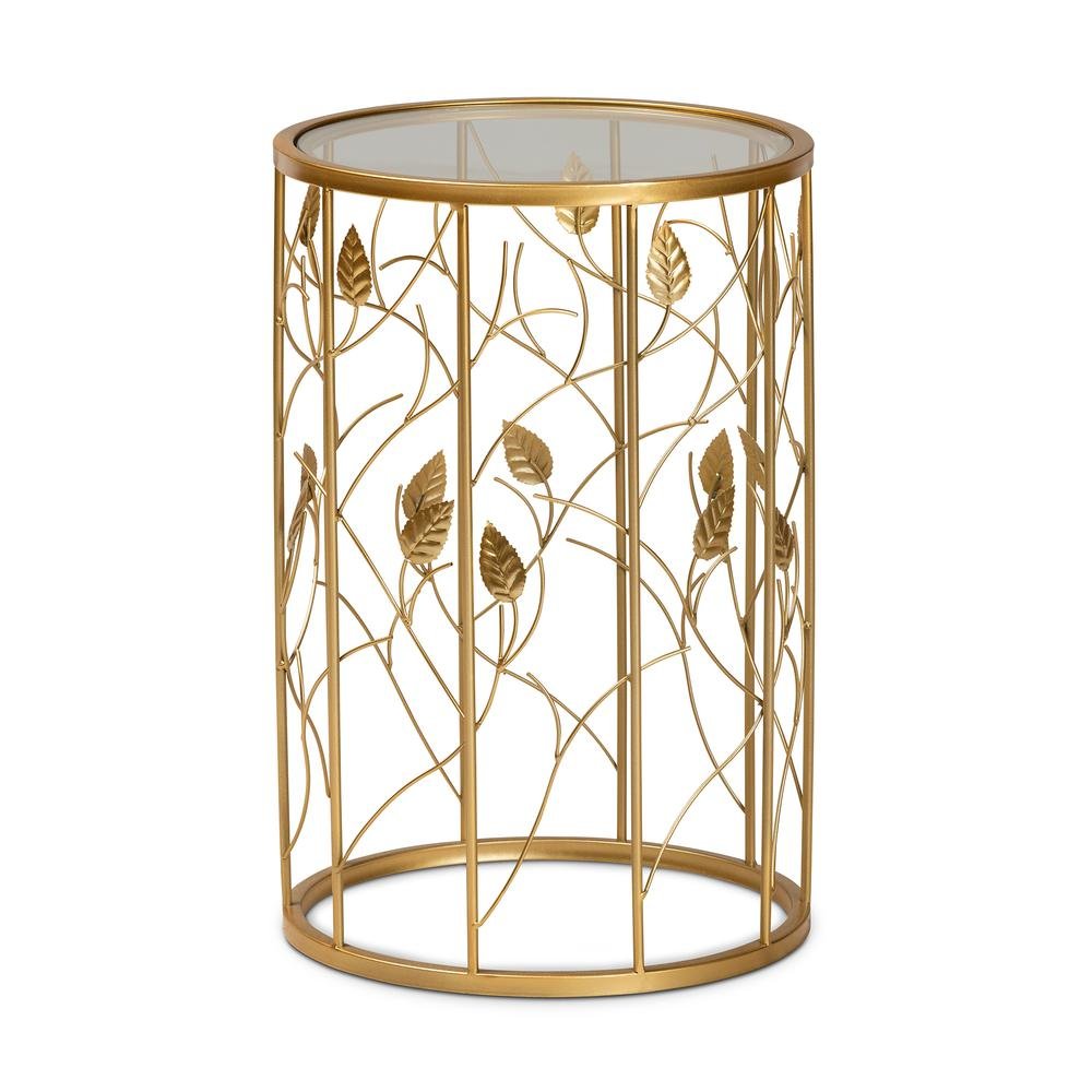 Glam Brushed Gold Finished Metal and Glass Leaf Accent End Table. Picture 8
