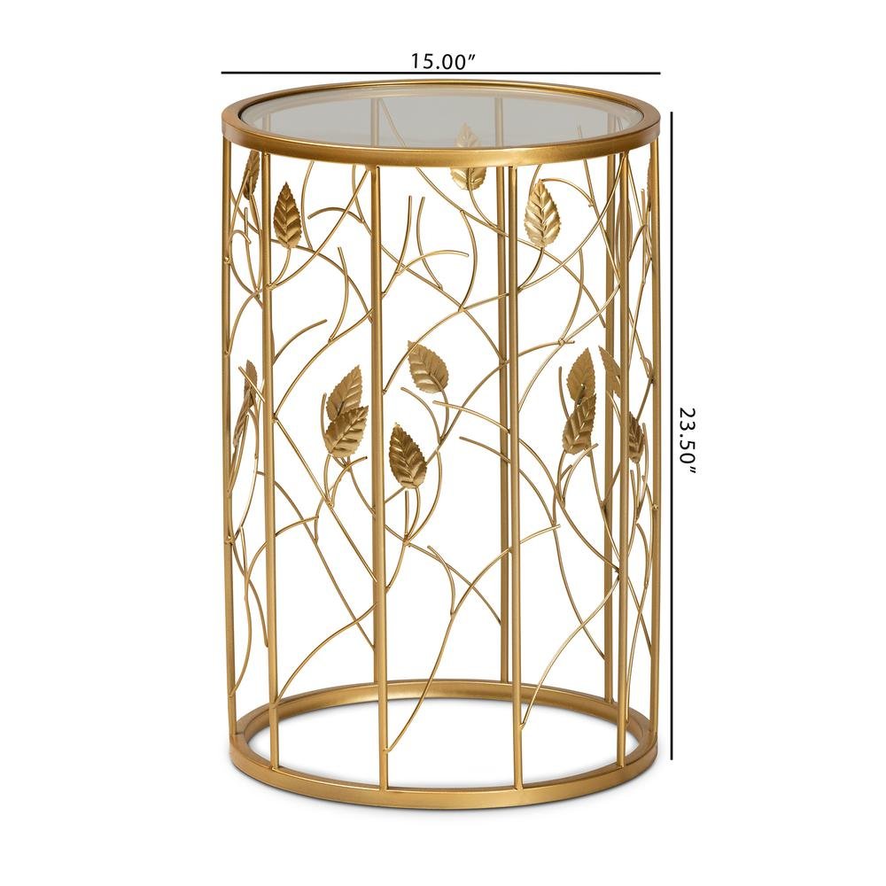 Glam Brushed Gold Finished Metal and Glass Leaf Accent End Table. Picture 14