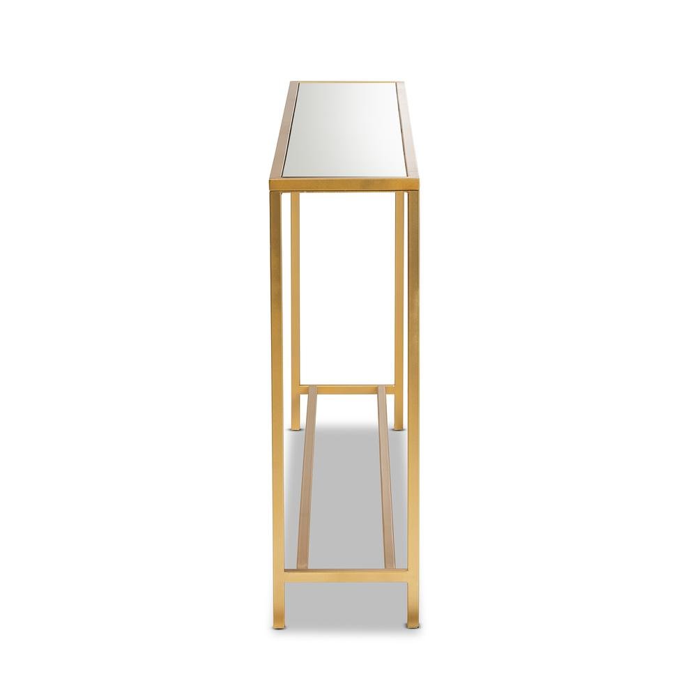Glam Gold Finished Metal and Mirrored Glass Console Table. Picture 11