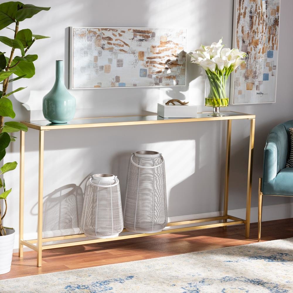 Glam Gold Finished Metal and Mirrored Glass Console Table. Picture 14