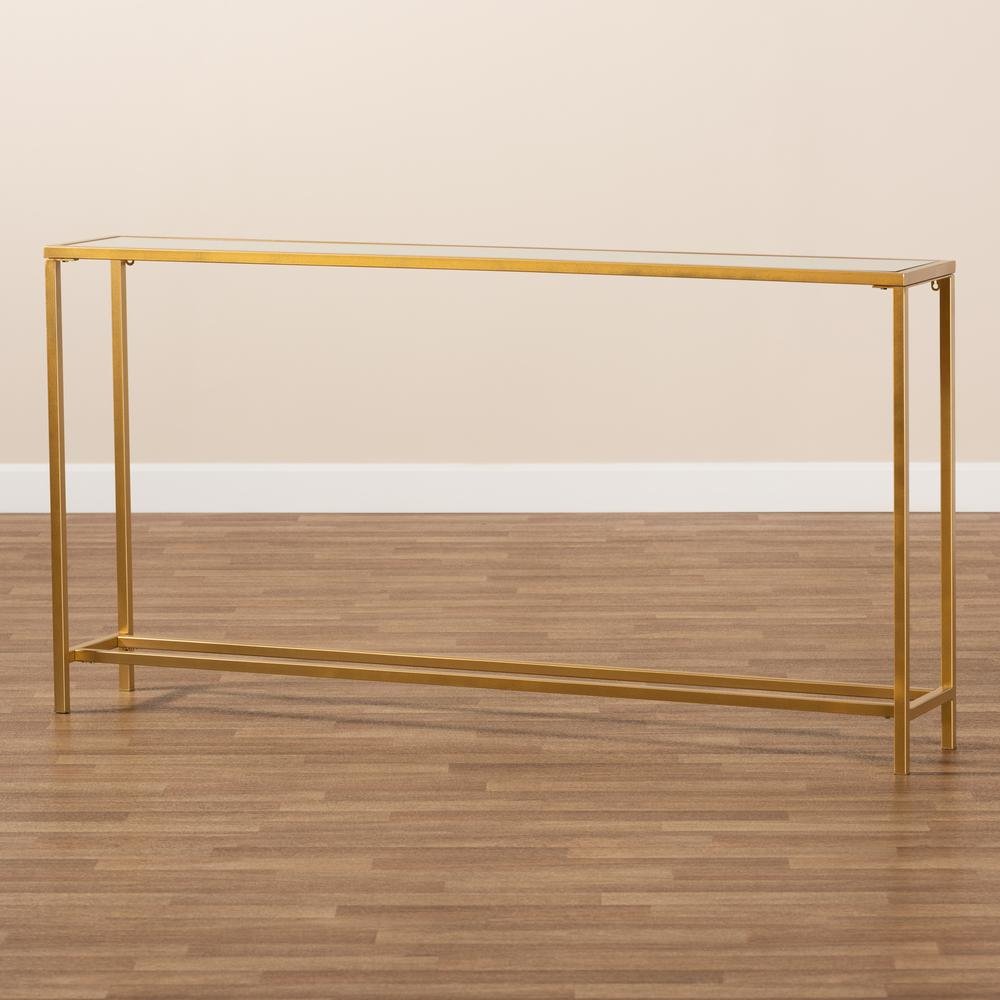 Glam Gold Finished Metal and Mirrored Glass Console Table. Picture 15